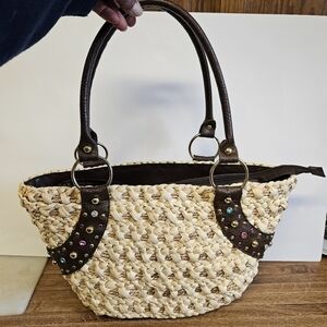 Straw Basket Weave with Rhinestones Tote Bag